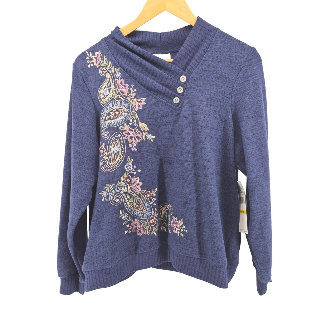 Alfred Dunner French‎ Quarter Petite Blue Paisley Floral Embroidered Sweater PM